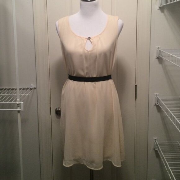 Cream Chiffon Dress with Black Sash - Size Medium - Picture 1 of 8